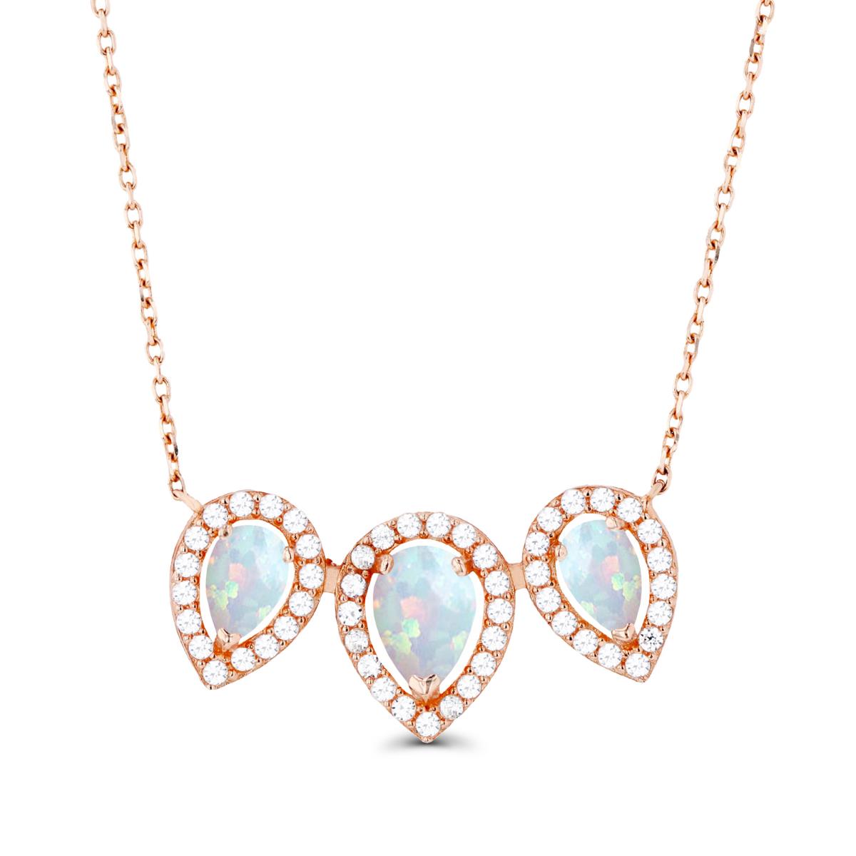 14K Rose Gold Triple Pear Created Opal & Created White Sapphire Halo 18"Necklace