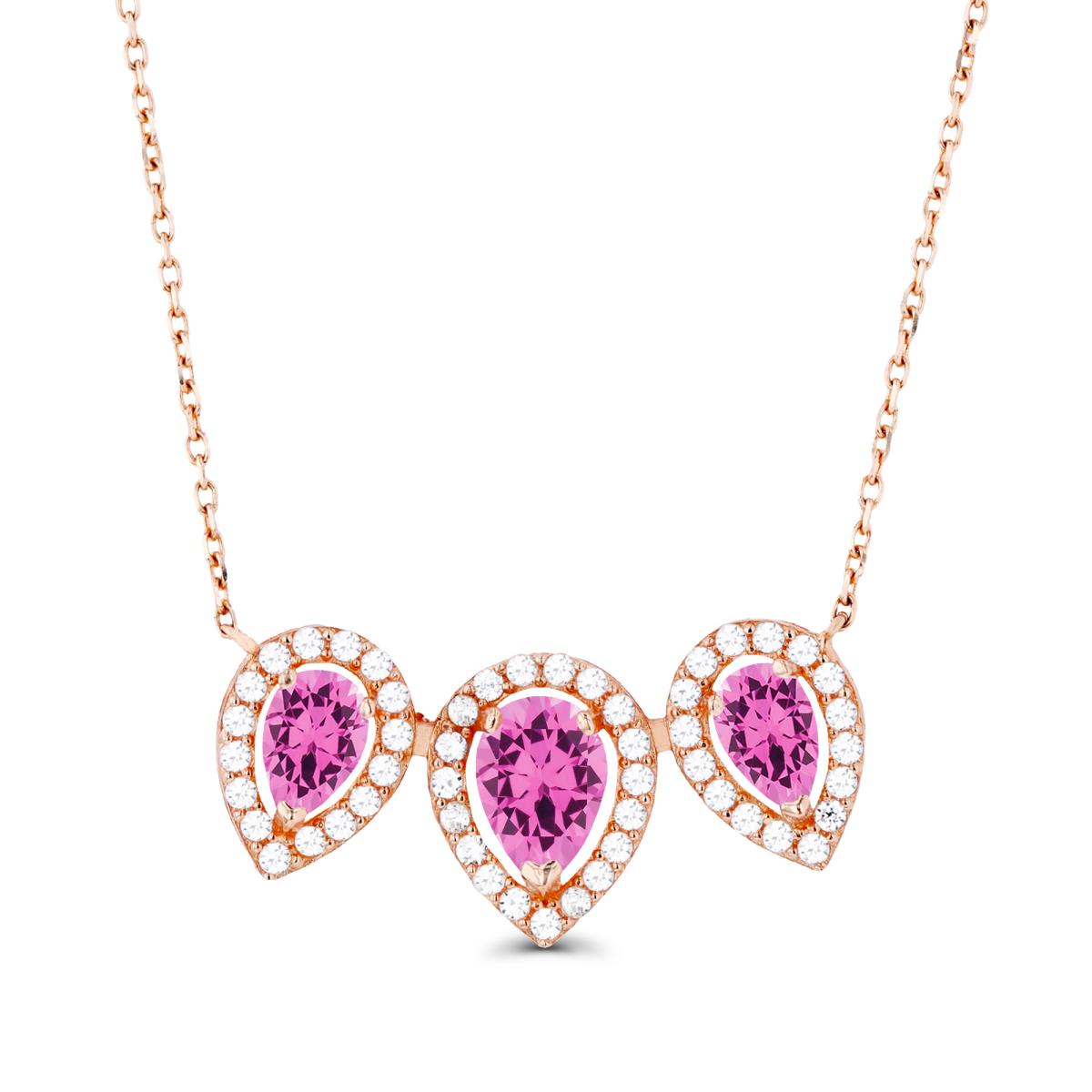 14K Rose Gold Triple Pear Created Pink Sapphire & Created White Sapphire Halo 18"Necklace