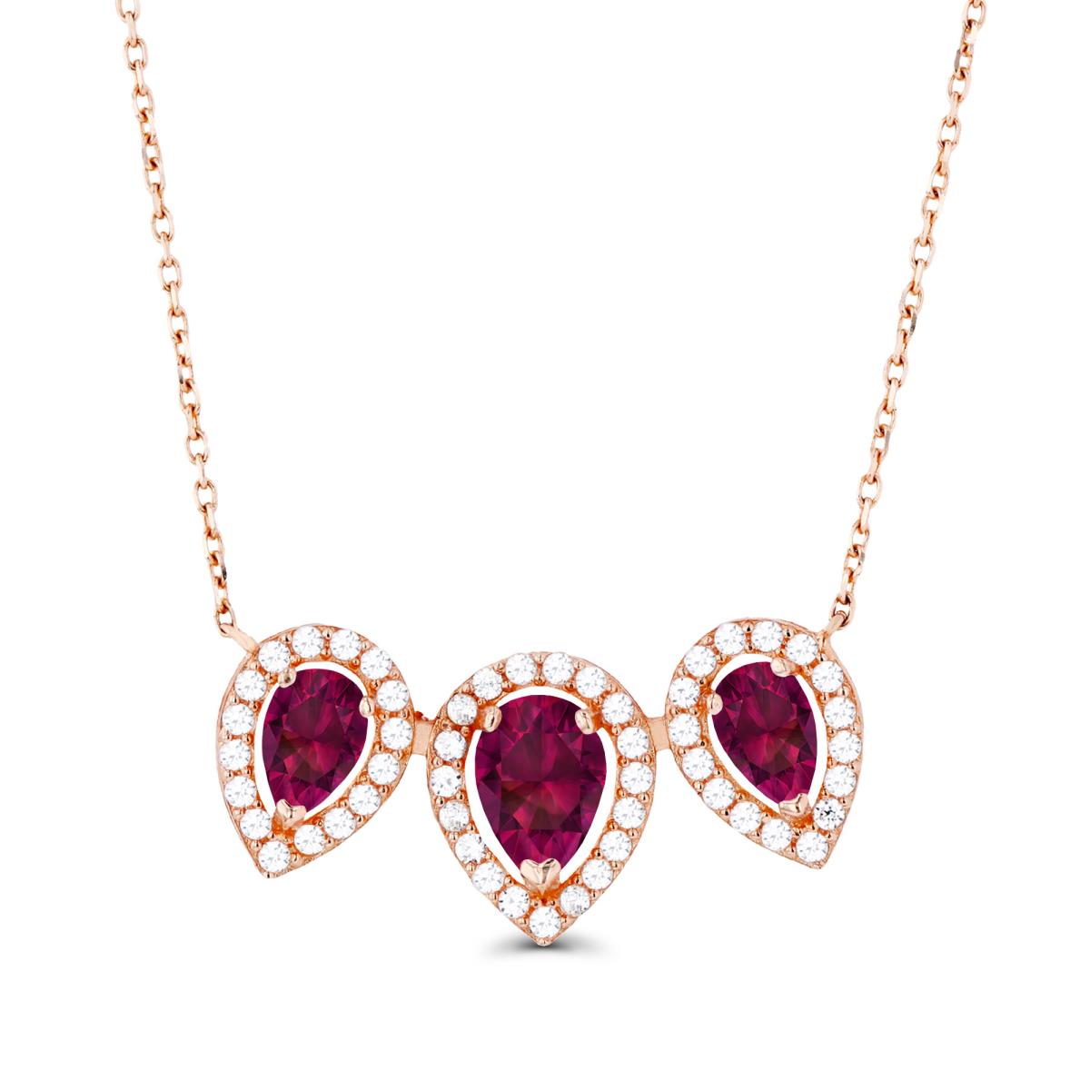 14K Rose Gold Triple Pear Created Ruby & Created White Sapphire Halo 18"Necklace