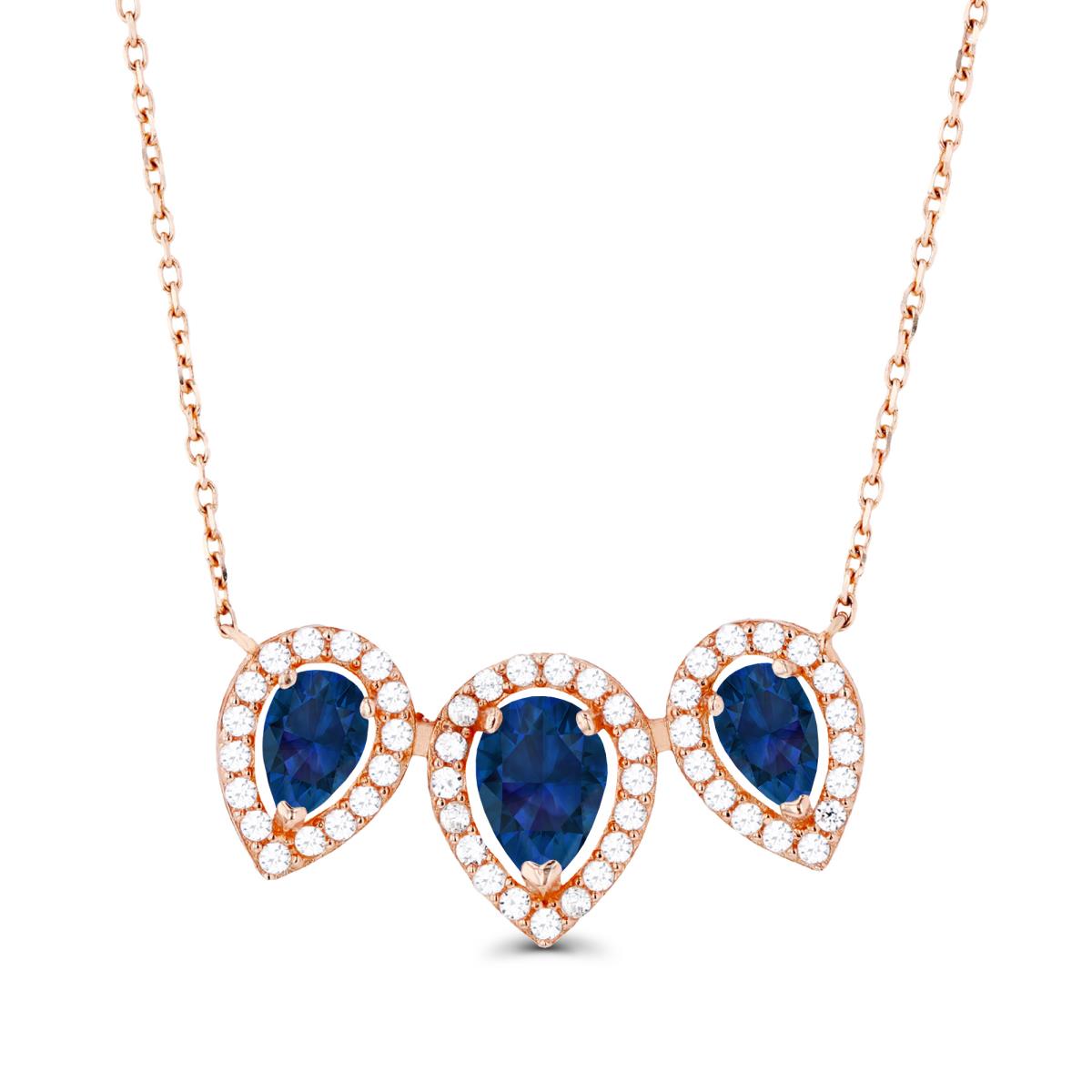 14K Rose Gold Triple Pear Created Blue Sapphire & Created White Sapphire Halo 18"Necklace