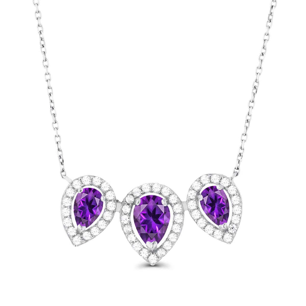 14K White Gold Triple Pear Amethyst & Created White Sapphire Halo 18"Necklace