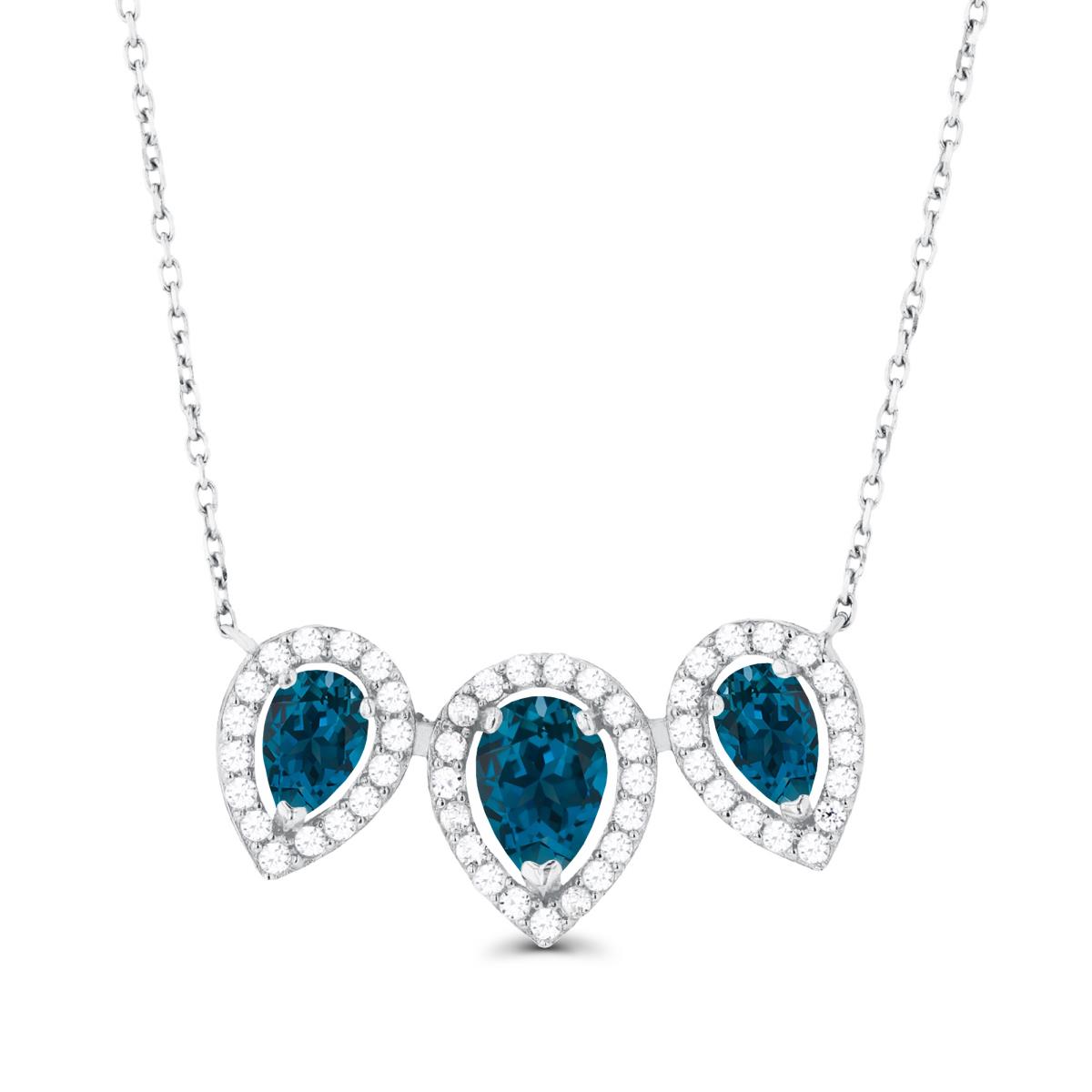 14K White Gold Triple Pear London Blue Topaz & Created White Sapphire Halo 18"Necklace