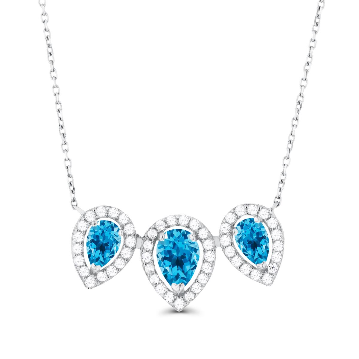 14K White Gold Triple Pear Swiss Blue Topaz & Created White Sapphire Halo 18"Necklace