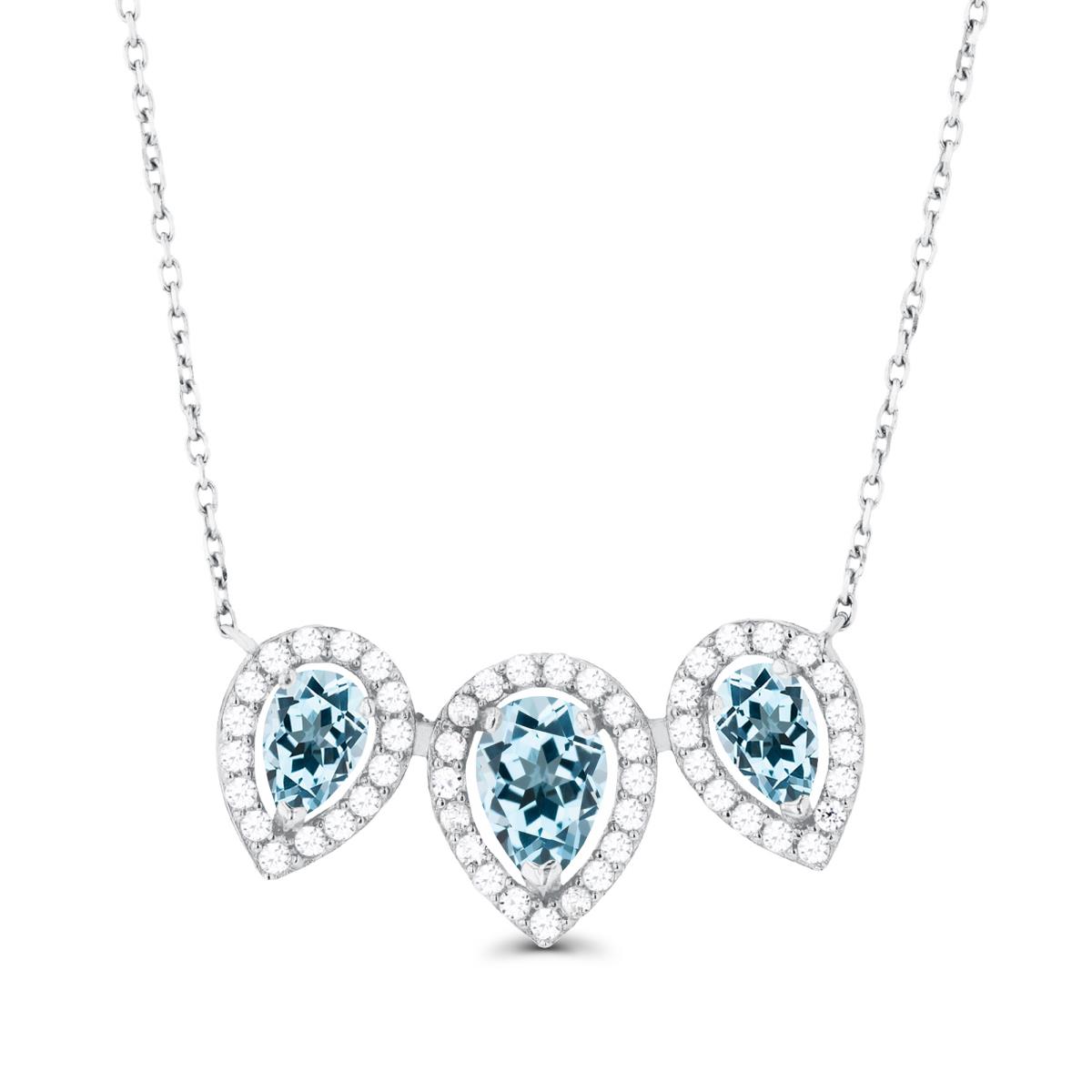 14K White Gold Triple Pear Sky Blue Topaz & Created White Sapphire Halo 18"Necklace