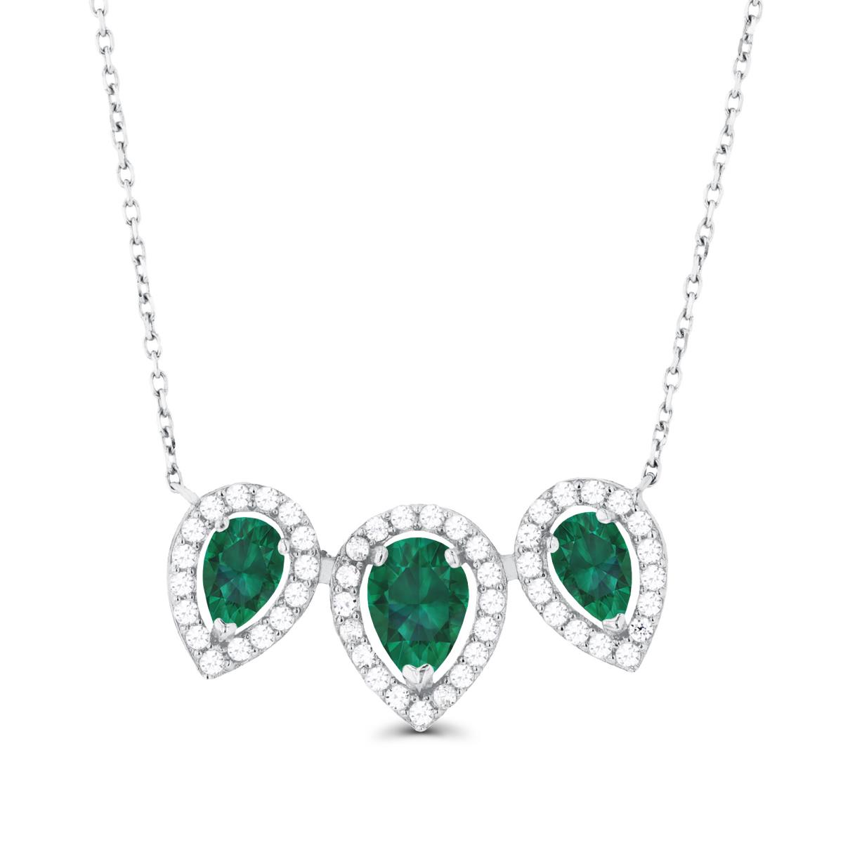 14K White Gold Triple Pear Created Emerald & Created White Sapphire Halo 18"Necklace