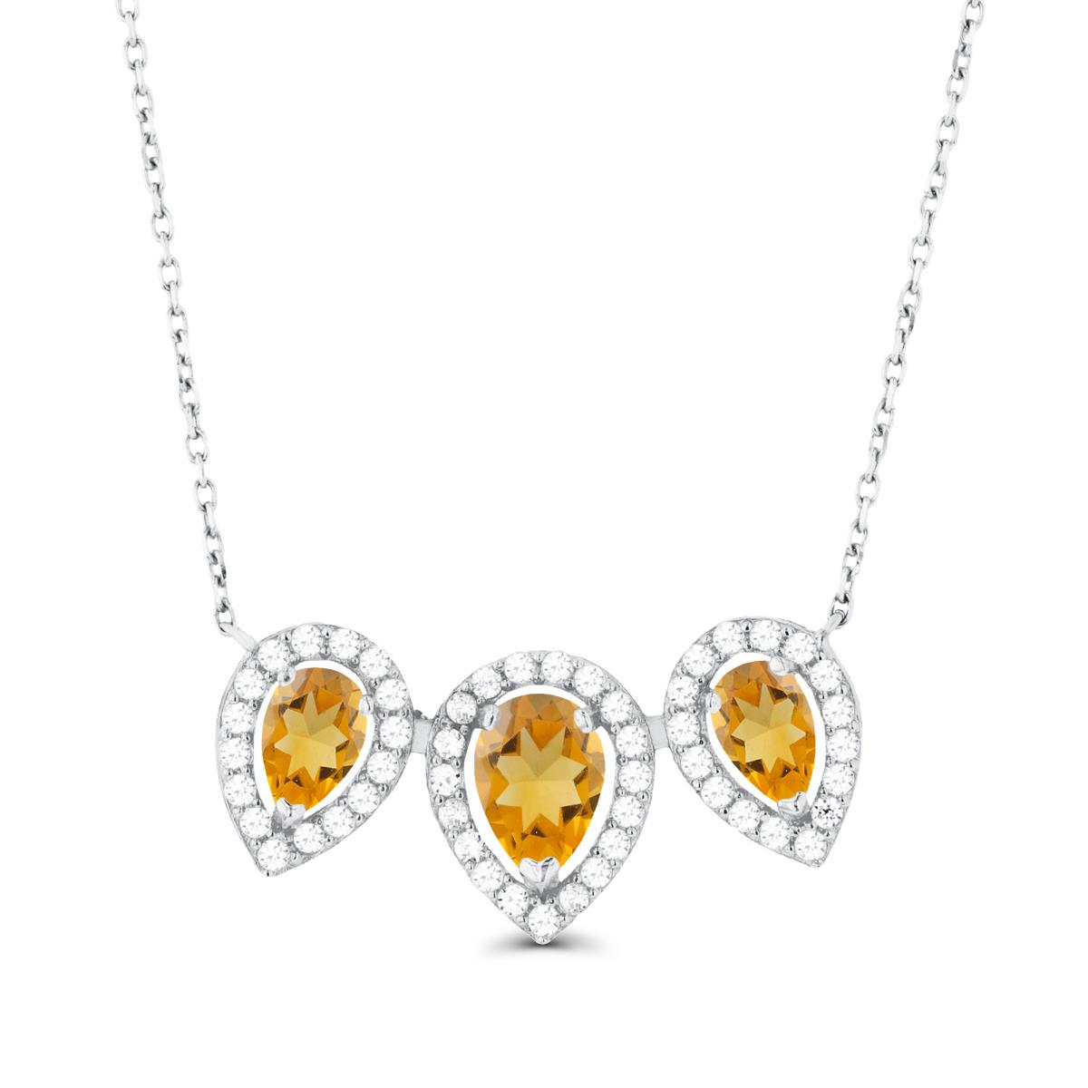 14K White Gold Triple Pear Citrine & Created White Sapphire Halo 18"Necklace