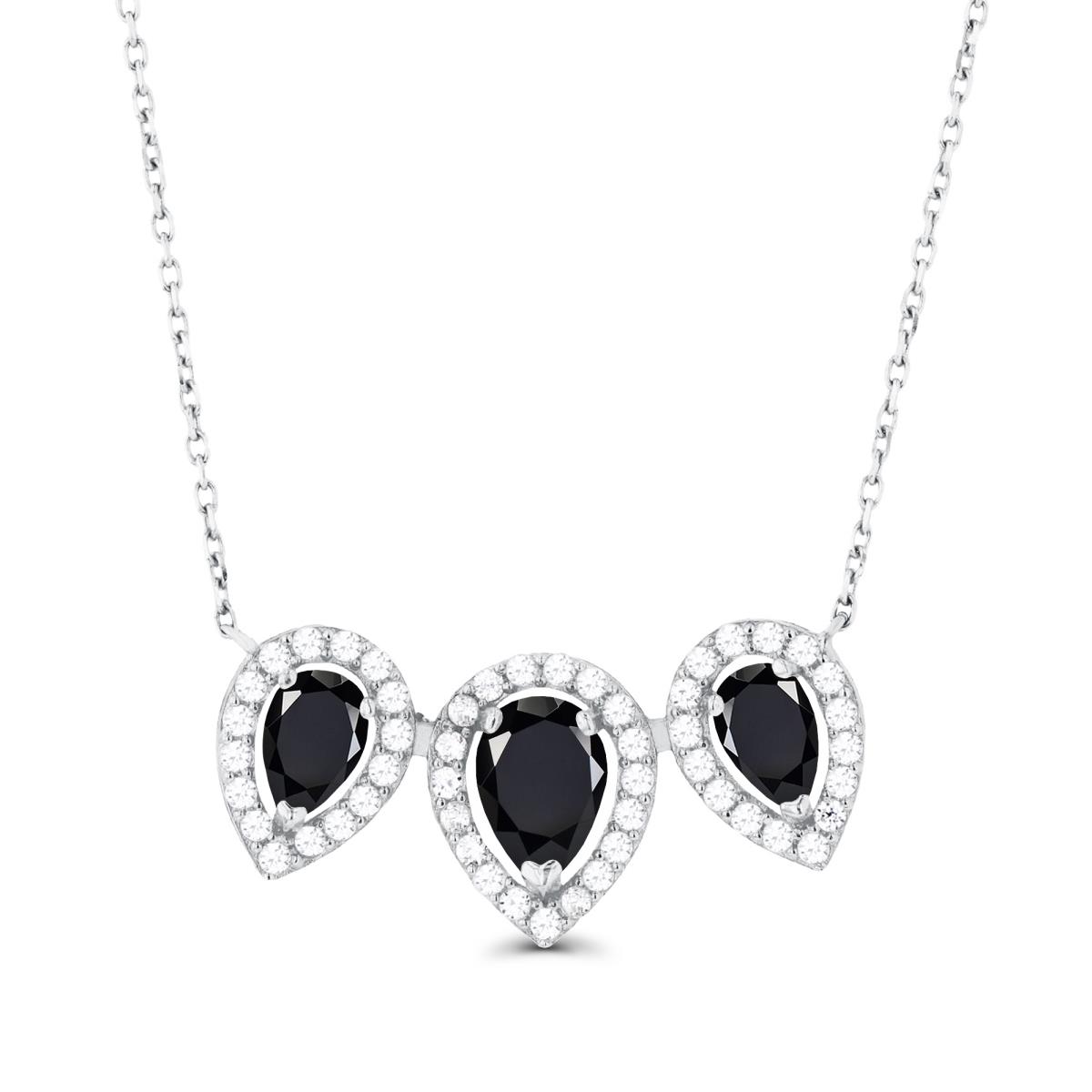 14K White Gold Triple Pear Onyx & Created White Sapphire Halo 18"Necklace