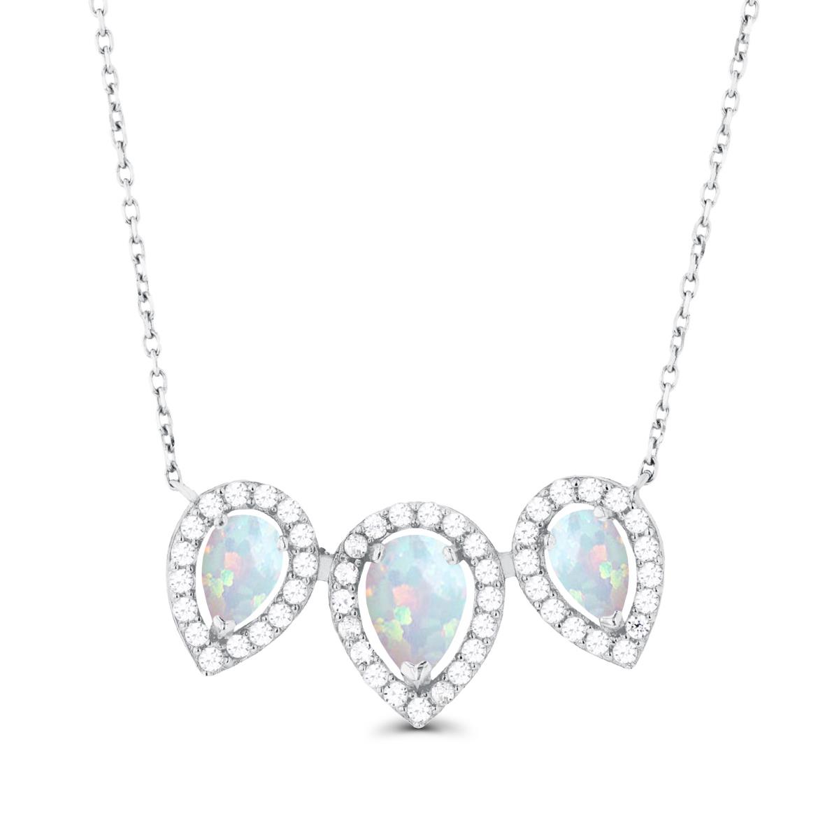 14K White Gold Triple Pear Created Opal & Created White Sapphire Halo 18"Necklace