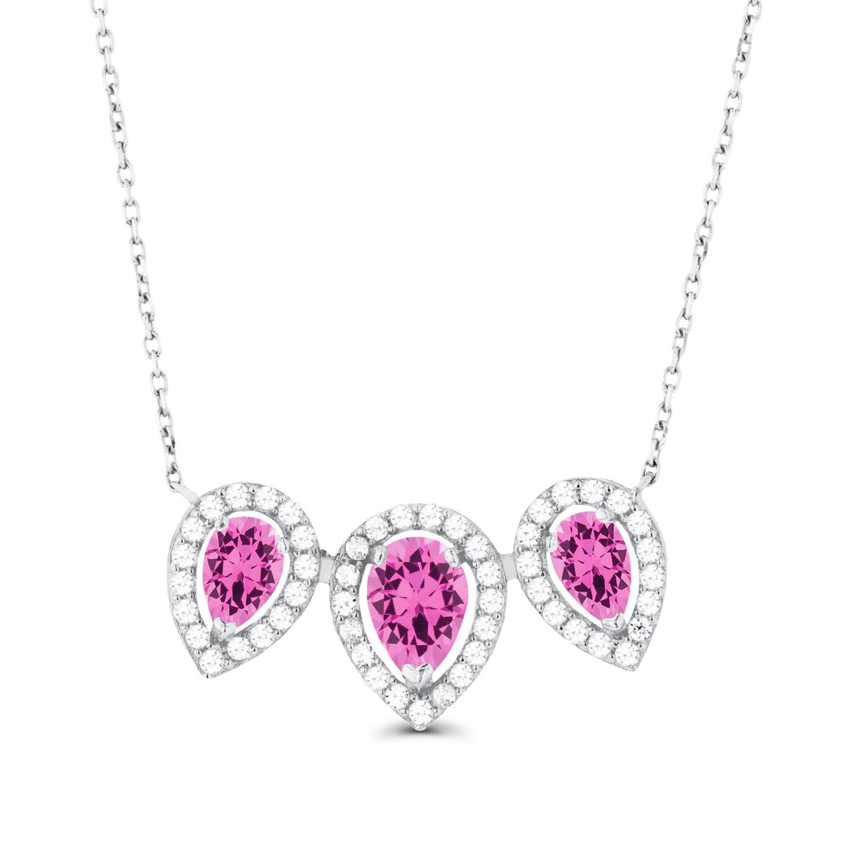 14K White Gold Triple Pear Created Pink Sapphire & Created White Sapphire Halo 18"Necklace