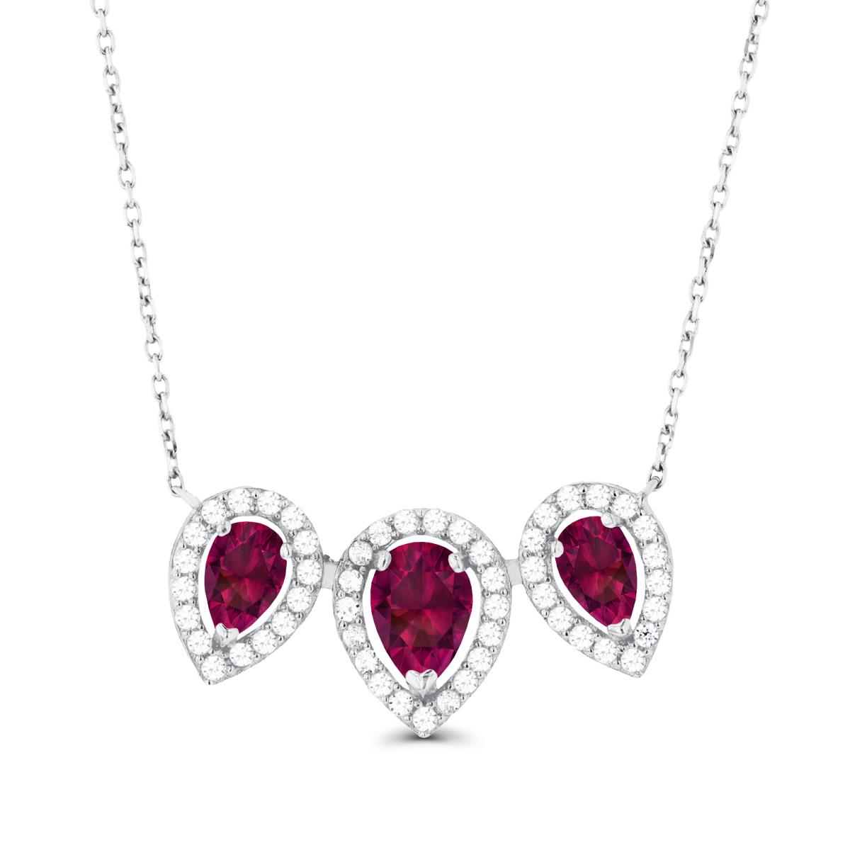 14K White Gold Triple Pear Created Ruby & Created White Sapphire Halo 18"Necklace
