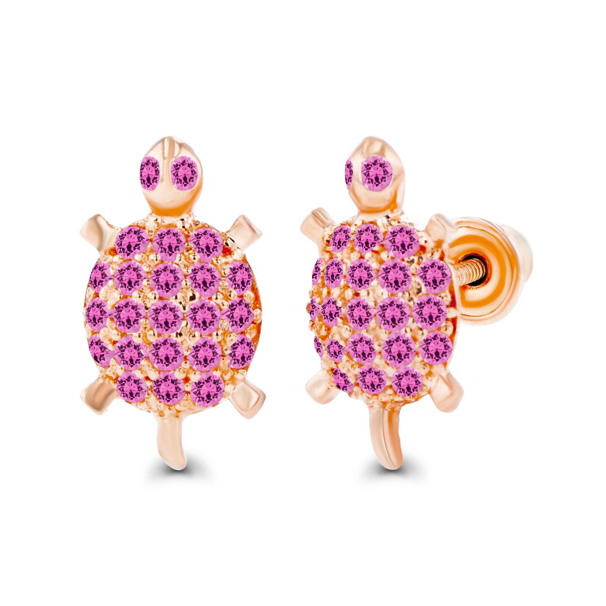 14K Rose Gold Rnd 1mm Round Created Pink Sapphire Turtle Screwback Earrings
