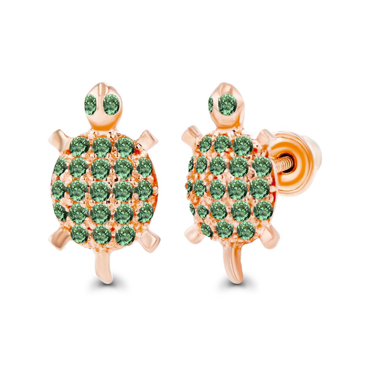 14K Rose Gold Rnd 1mm Round Created Green Sapphire Turtle Screwback Earrings