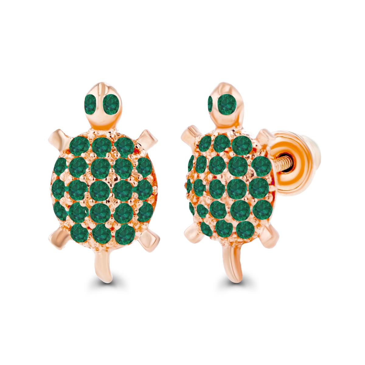 14K Rose Gold Rnd 1mm Round Created Emerald Turtle Screwback Earrings