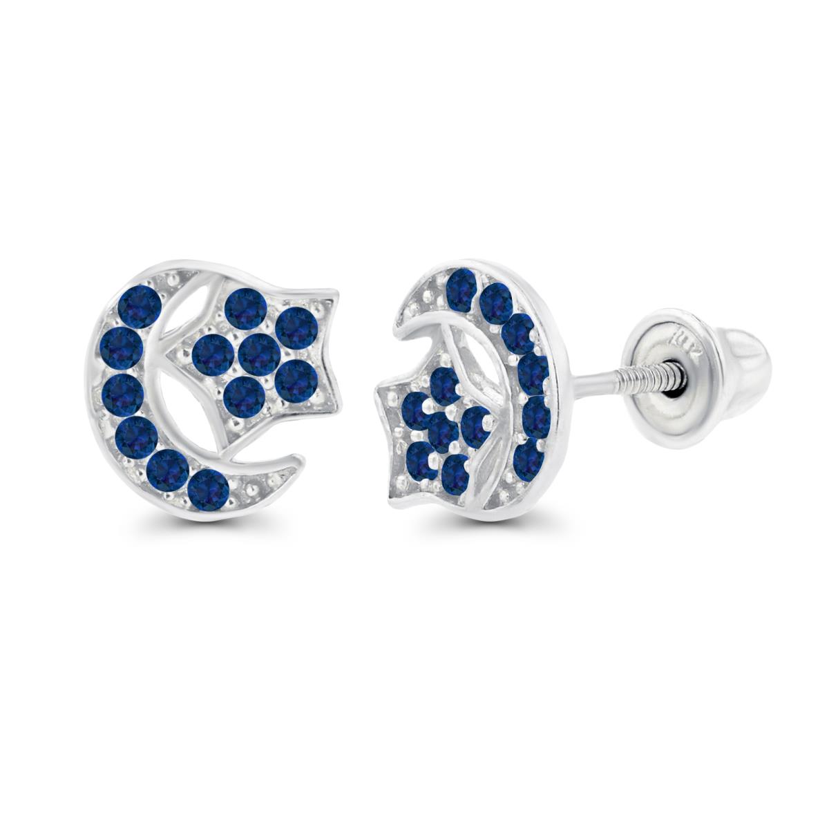 14K White Gold 1mm Round Created Blue Sapphire Moon & Star Screwback Earrings
