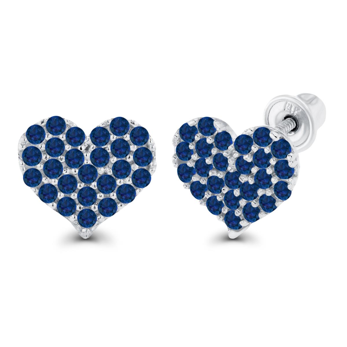 14K White Gold 1mm Round Created Blue Sapphire Heart Screwback Earrings