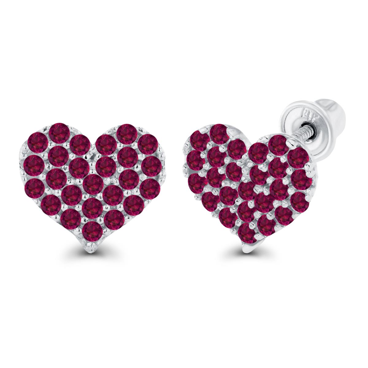 14K White Gold 1mm Round Created Ruby Heart Screwback Earrings
