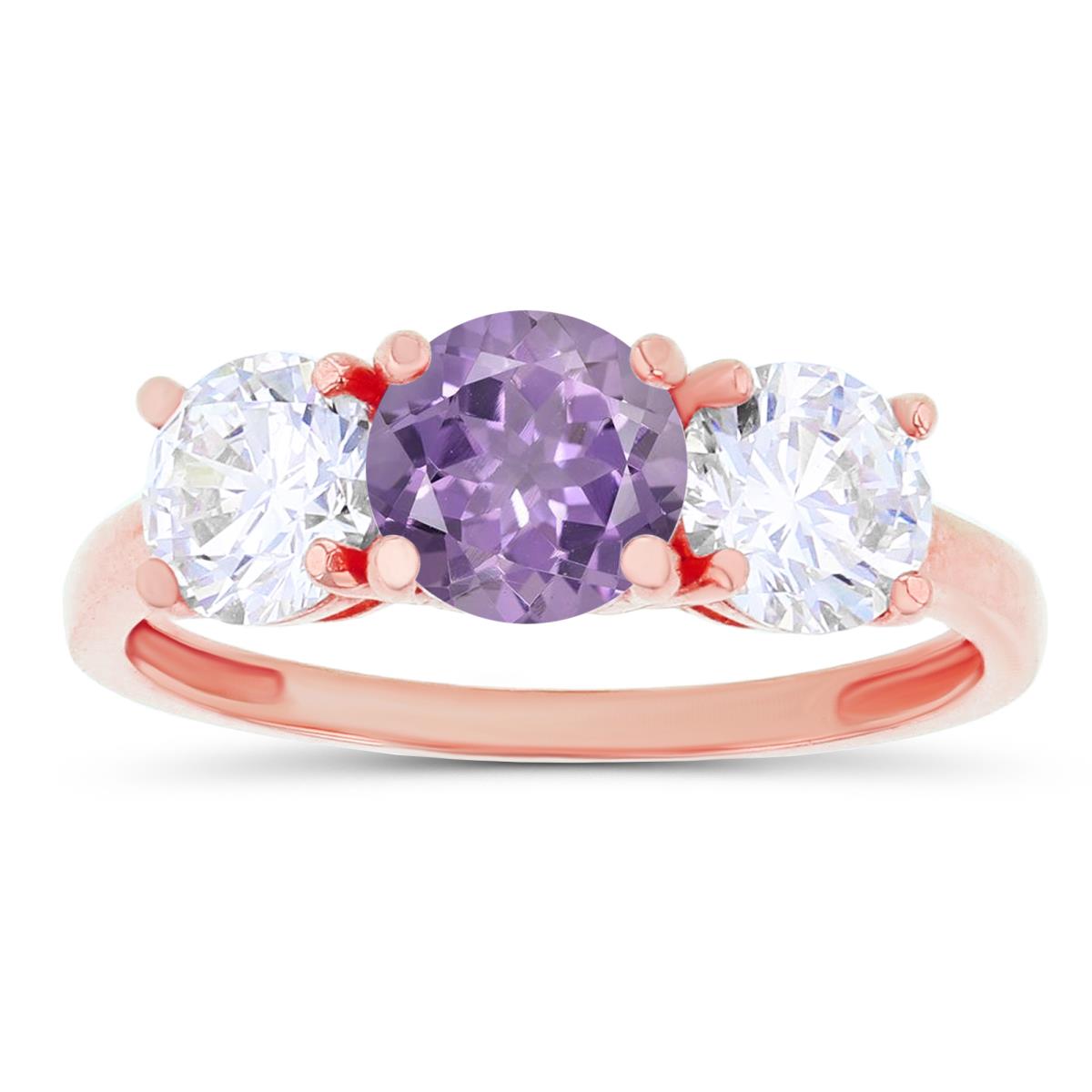14K Rose Gold 3-Stones Rose De France & Created White Sapphire Anniversary Ring
