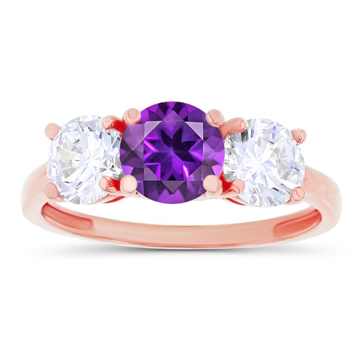 14K Rose Gold 3-Stones Amethyst & Created White Sapphire Anniversary Ring