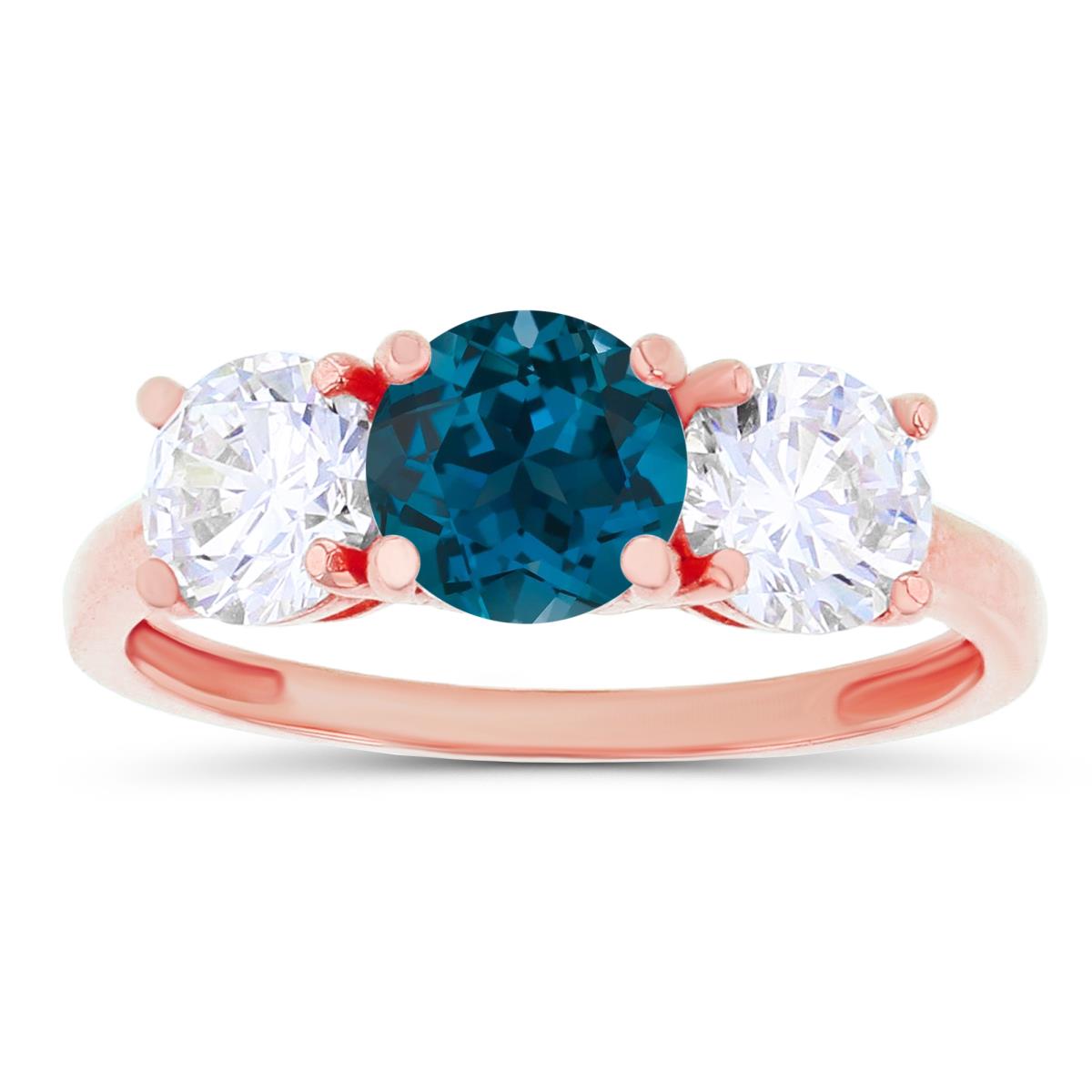 14K Rose Gold 3-Stones London Blue Topaz & Created White Sapphire Anniversary Ring