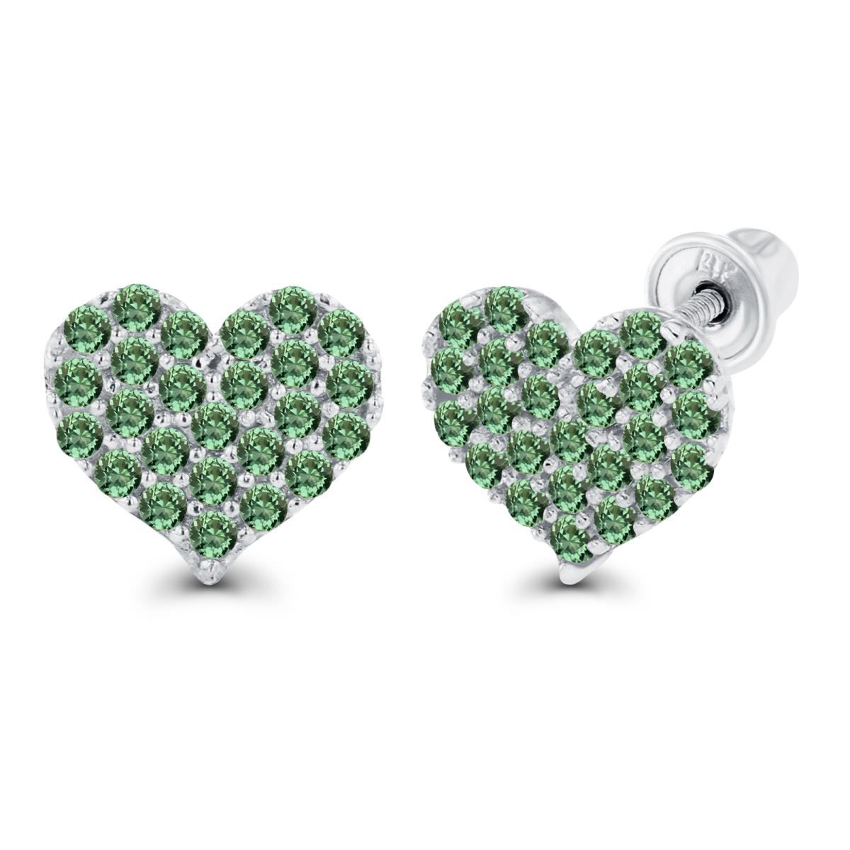 14K White Gold 1mm Round Created Green Sapphire Heart Screwback Earrings