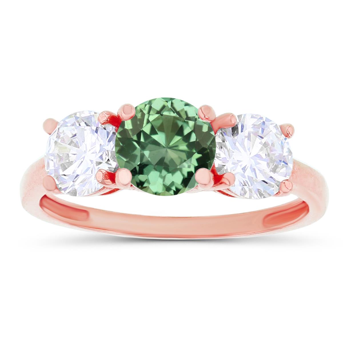 14K Rose Gold 3-Stones Created Green Sapphire & Created White Sapphire Anniversary Ring