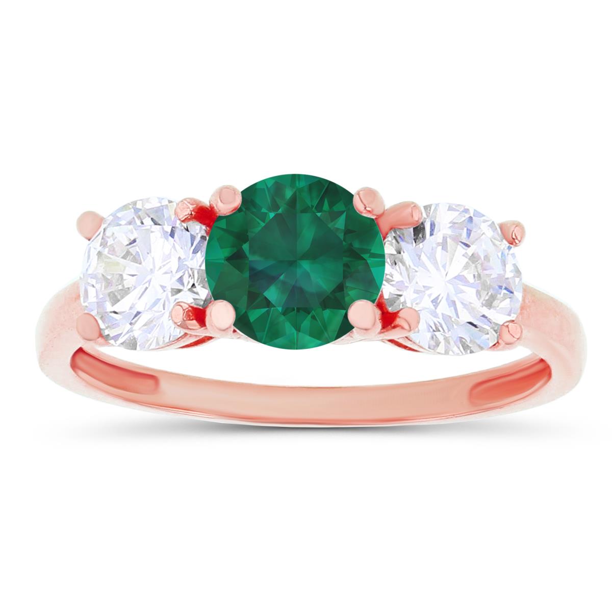 14K Rose Gold 3-Stones Created Emerald & Created White Sapphire Anniversary Ring