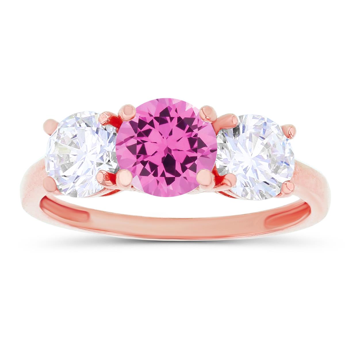 14K Rose Gold 3-Stones Created Pink Sapphire & Created White Sapphire Anniversary Ring