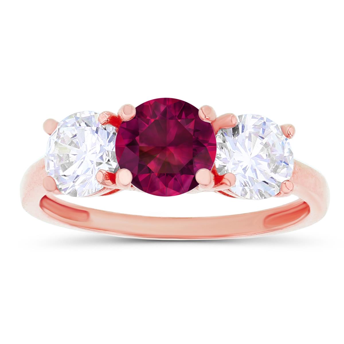14K Rose Gold 3-Stones Created Ruby & Created White Sapphire Anniversary Ring