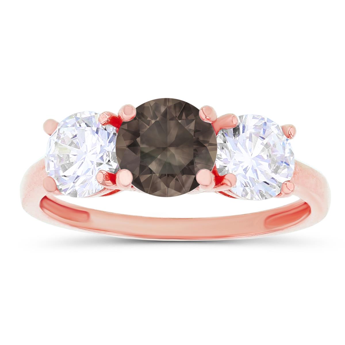 14K Rose Gold 3-Stones Smokey Quartz & Created White Sapphire Anniversary Ring