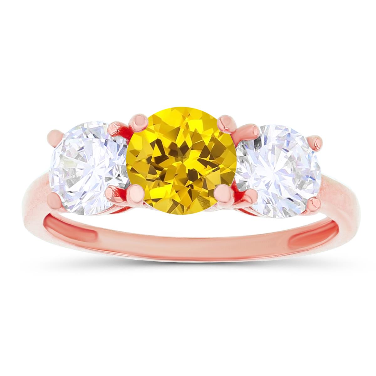 14K Rose Gold 3-Stones Created Yellow Sapphire & Created White Sapphire Anniversary Ring