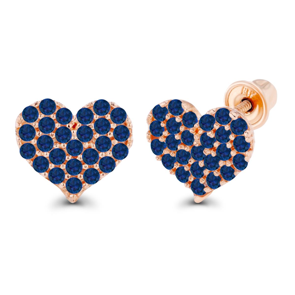 14K Rose Gold 1mm Round Created Blue Sapphire Heart Screwback Earrings