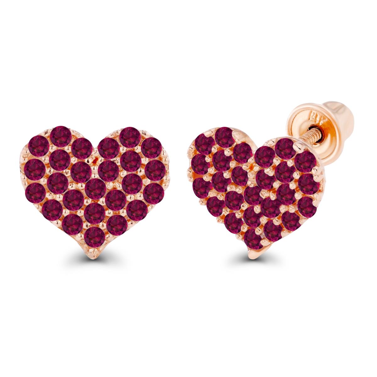 14K Rose Gold 1mm Round Created Ruby Heart Screwback Earrings