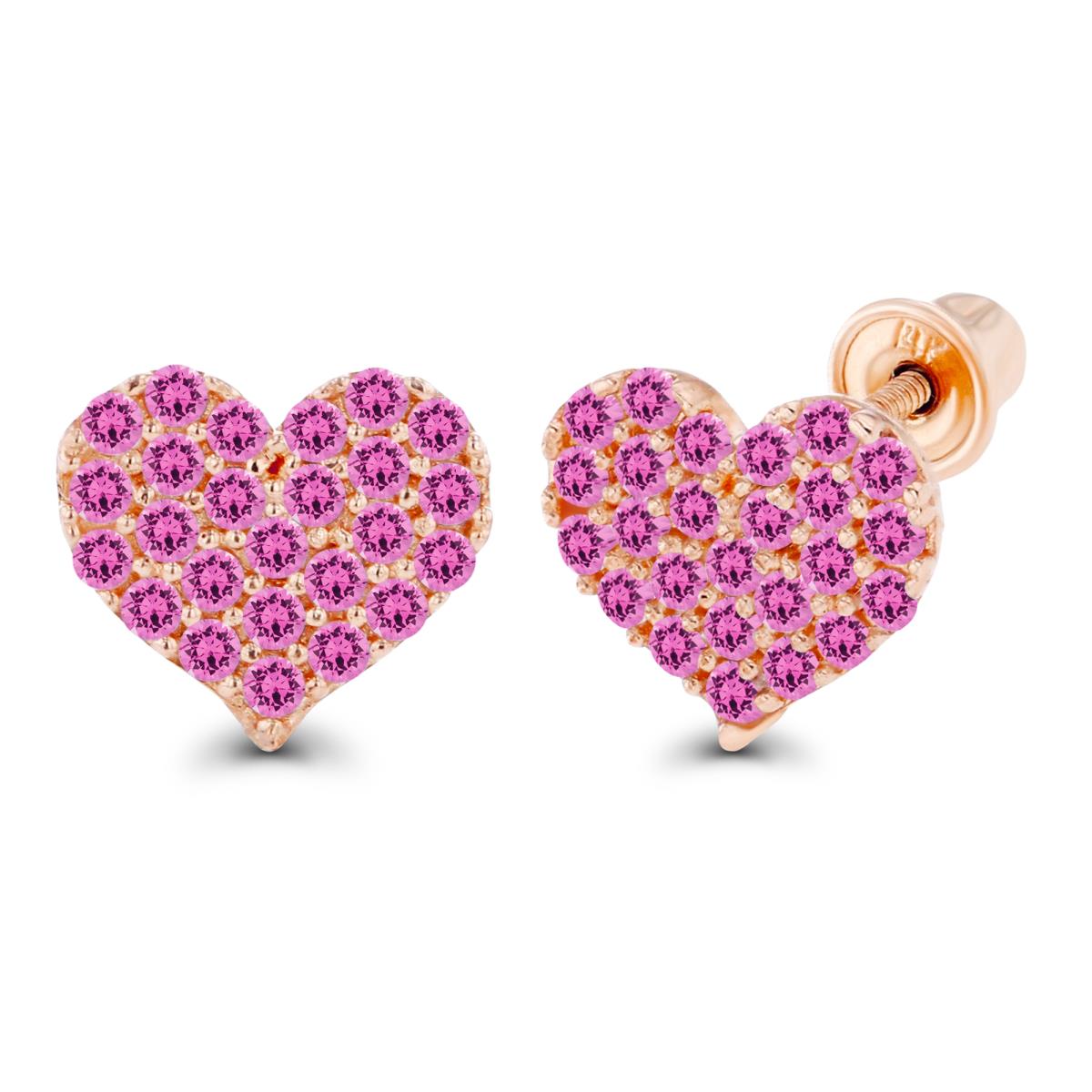 14K Rose Gold 1mm Round Created Pink Sapphire Heart Screwback Earrings