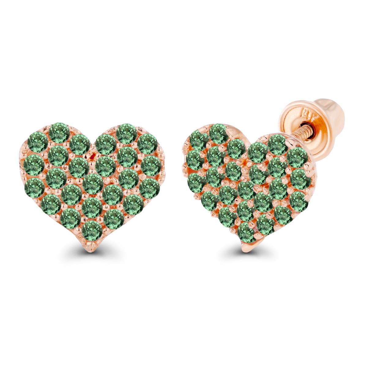 14K Rose Gold 1mm Round Created Green Sapphire Heart Screwback Earrings