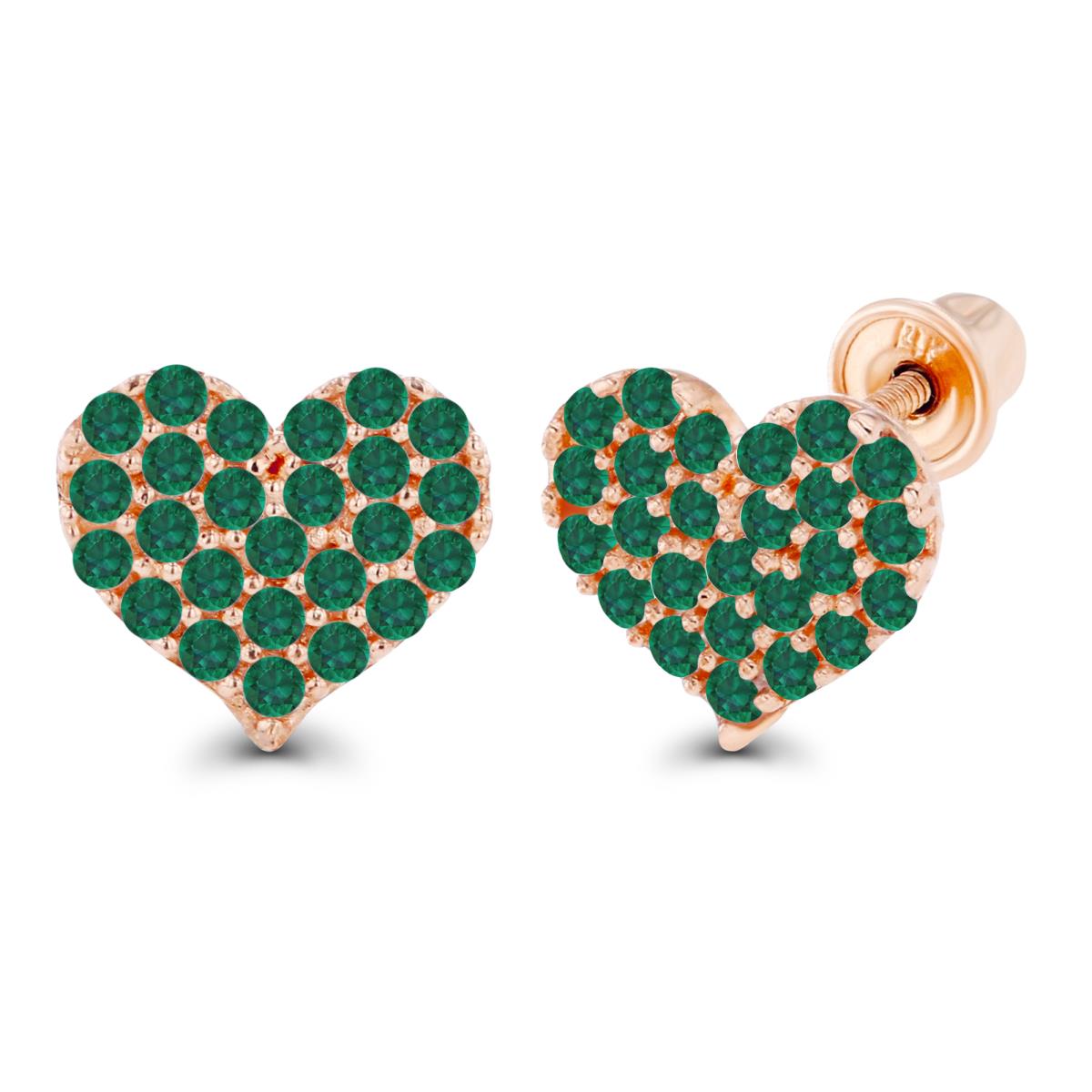 14K Rose Gold 1mm Round Created Emerald Heart Screwback Earrings