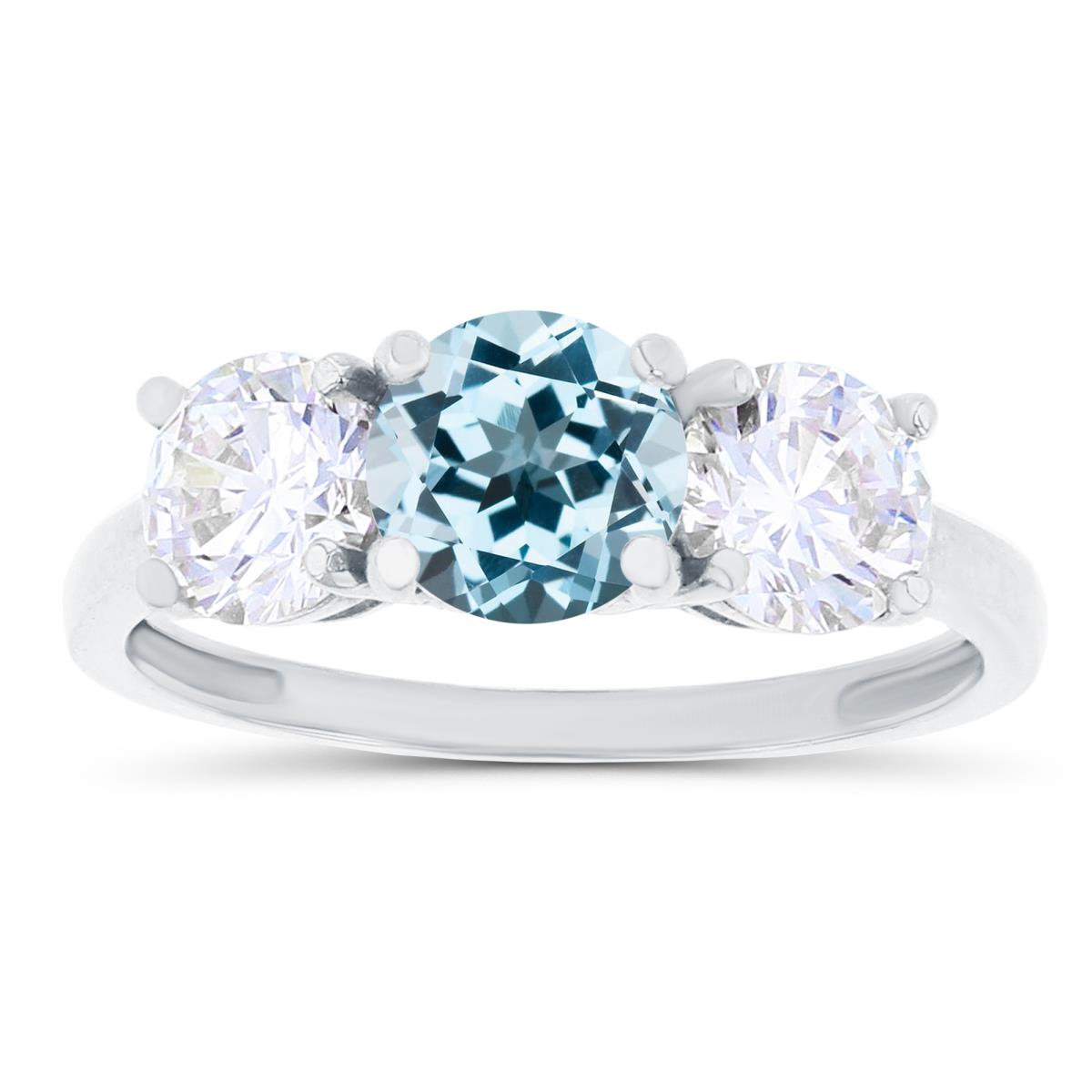 14K White Gold 3-Stones Sky Blue Topaz & Created White Sapphire Anniversary Ring