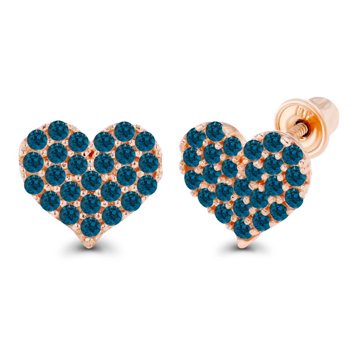 14K Rose Gold 1mm Round London Blue Topaz Heart Screwback Earrings