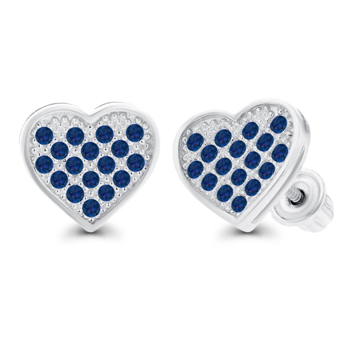 14K White Gold Paved 1mm Round Created Blue Sapphire Heart Screwback Earrings