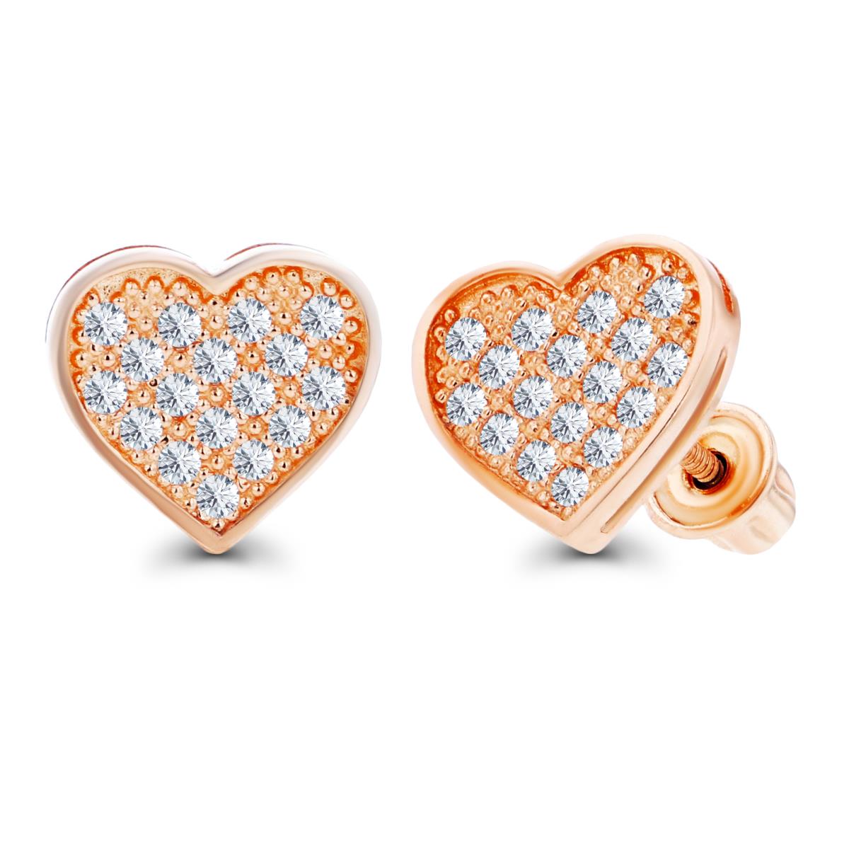 14K Rose Gold Paved 1mm Round Created White Sapphire Heart Screwback Earrings