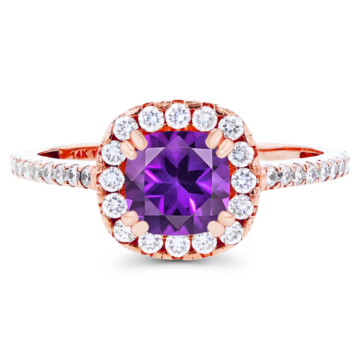 14K Rose Gold 6mm Cushion Amethyst & Created White Sapphire Halo Engagement Ring