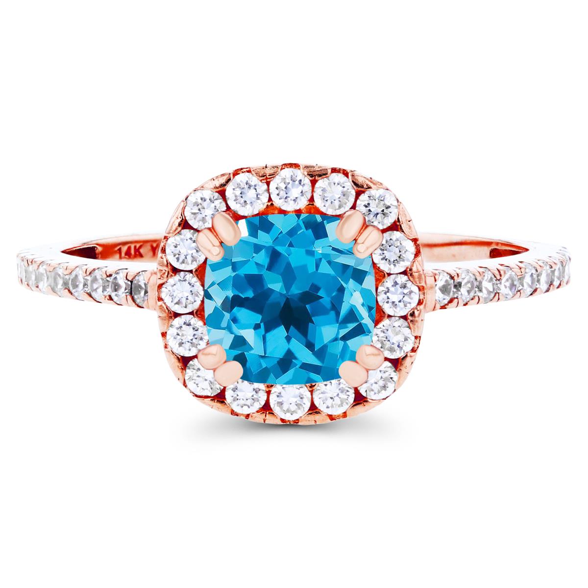 14K Rose Gold 6mm Cushion Swiss Blue Topaz & Created White Sapphire Halo Engagement Ring