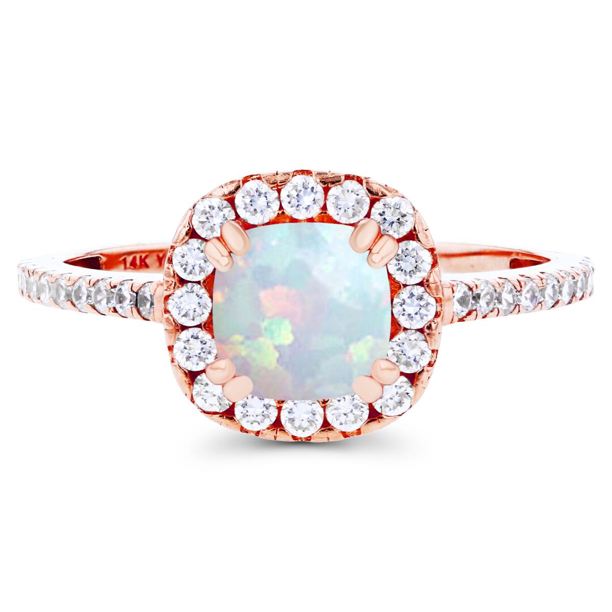 14K Rose Gold 6mm Cushion Created Opal & Created White Sapphire Halo Engagement Ring