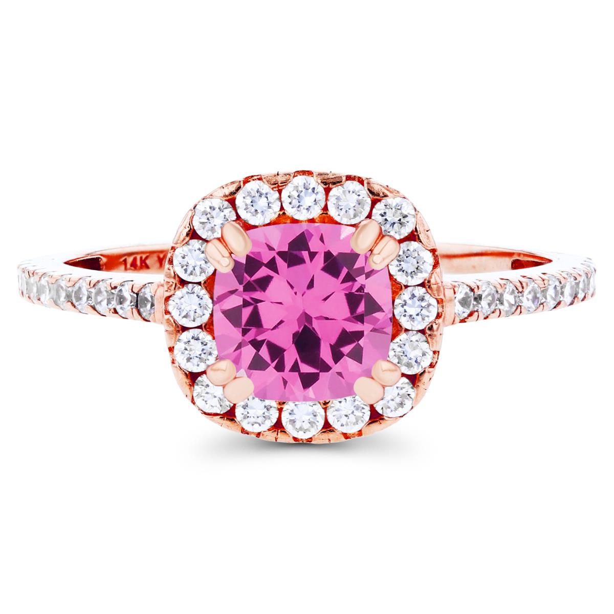 14K Rose Gold 6mm Cushion Created Pink Sapphire & Created White Sapphire Halo Engagement Ring