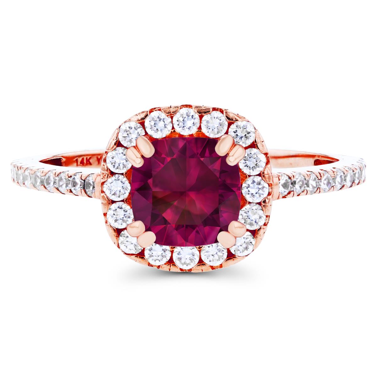 14K Rose Gold 6mm Cushion Created Ruby & Created White Sapphire Halo Engagement Ring