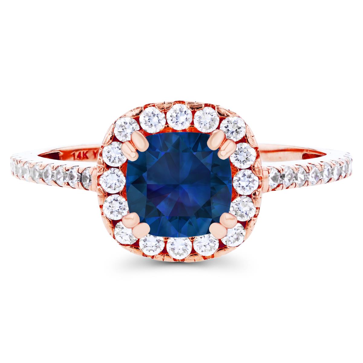 14K Rose Gold 6mm Cushion Created Blue Sapphire & Created White Sapphire Halo Engagement Ring