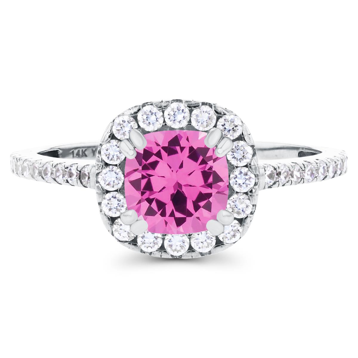 14K White Gold 6mm Cushion Created Pink Sapphire & Created White Sapphire Halo Engagement Ring