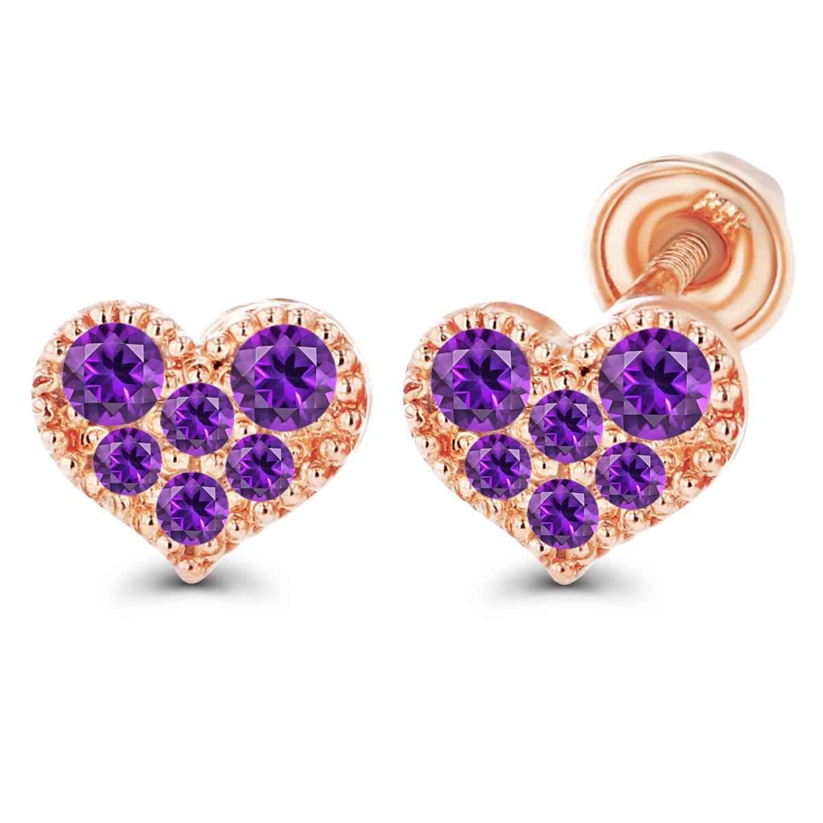 14K Rose Gold 1mm, 1.25mm & 1.75mm Round Amethyst Milgrain Heart Screwback Earrings