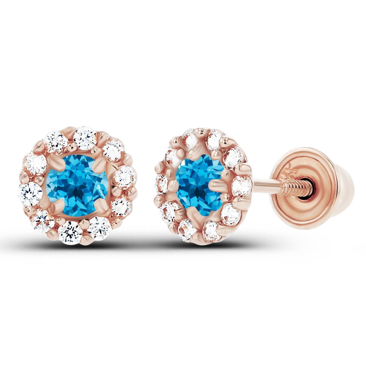 14K Rose Gold 2.5mm Swiss Blue Topaz & 1mm Created White Sapphire Flower Screwback Earrings