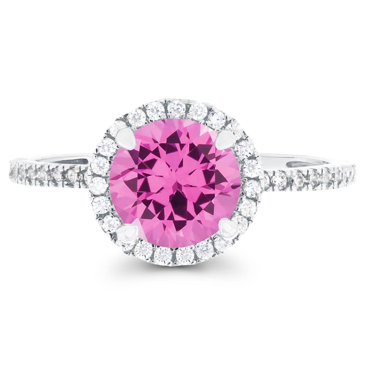 14K White Gold 7mm Created Pink Sapphire & Created White Sapphire Halo Engagement Ring