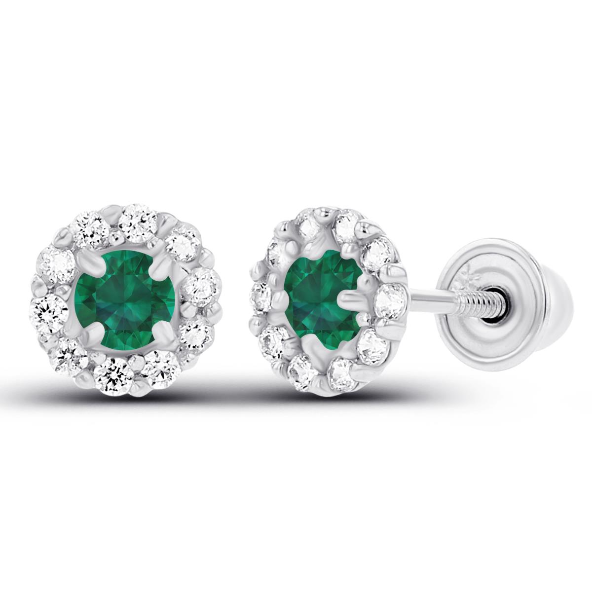 14K White Gold 2.5mm Created Emerald & 1mm Created White Sapphire Flower Screwback Earrings